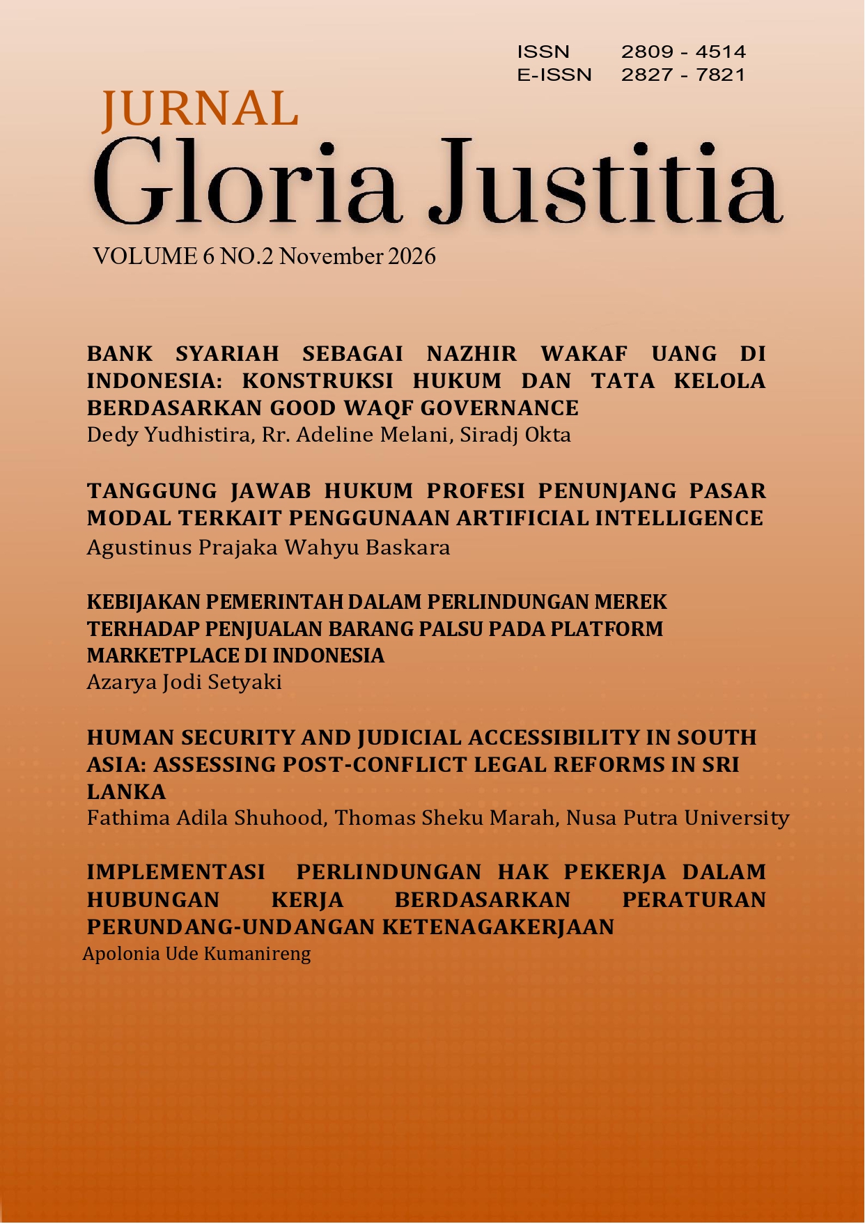 					View Vol. 6 No. 2 (2026): JURNAL GLORIA JUSTITIA
				