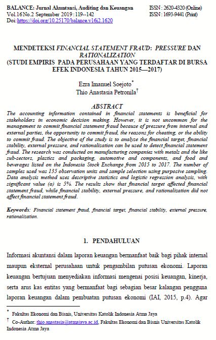 BALANCE: Jurnal Akuntansi, Auditing dan Keuangan, Vol.16 No.2 2019, Ezra Imanuel Soejoto, Thio Anastasia Petronila