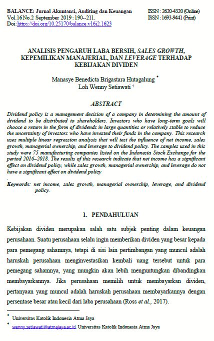 BALANCE: Jurnal Akuntansi, Auditing dan Keuangan, Vol.16 No.2 2019, Manasye Benedicta Brigastara Hutagalung, Loh Wenny Setiawati