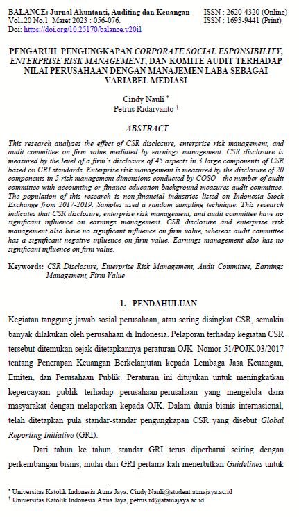 PENGARUH PENGUNGKAPAN CORPORATE SOCIAL RESPONSIBILITY, ENTERPRISE RISK 